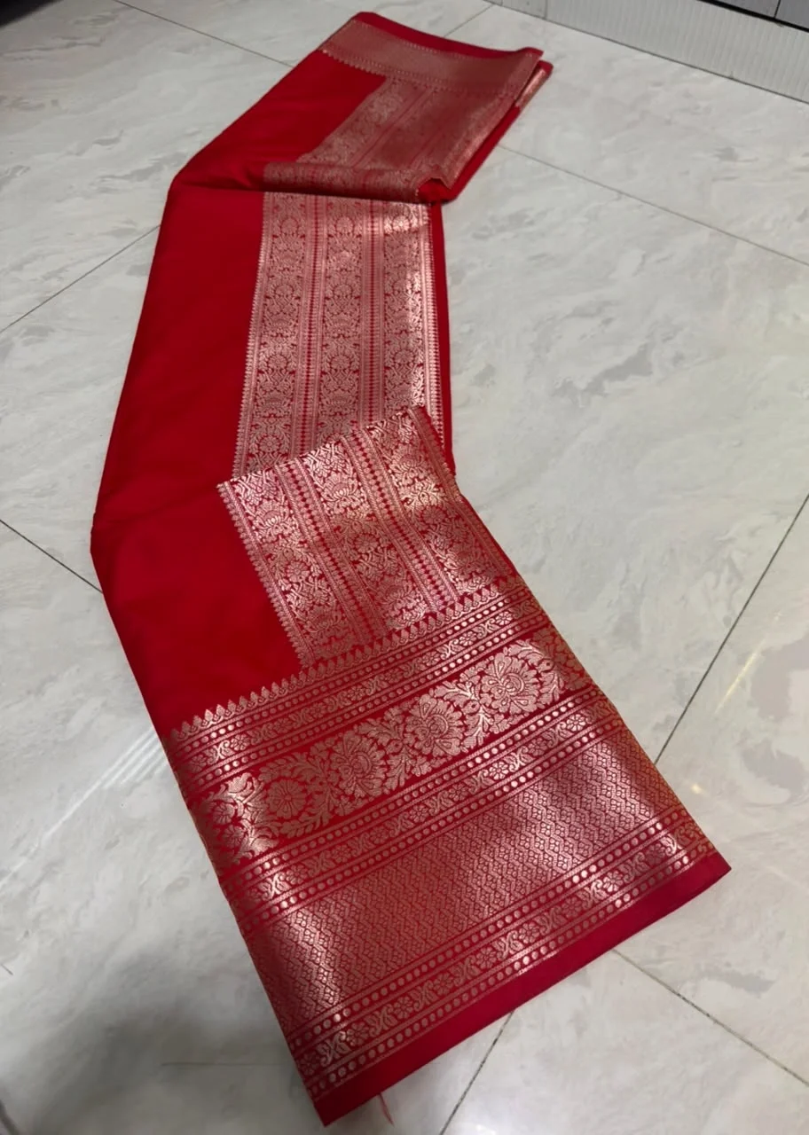 Peach Red Mashru Katan Soft Silk Saree